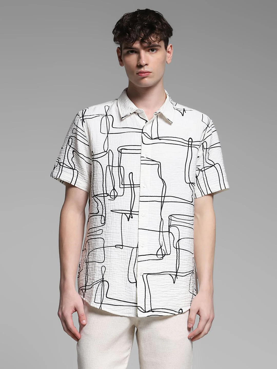 White Abstract Print Cotton Shirt - Image 2