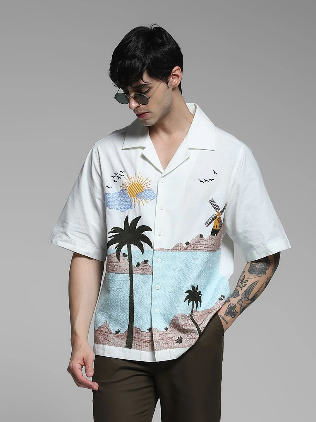 White Landscape Print Oversized Shirt