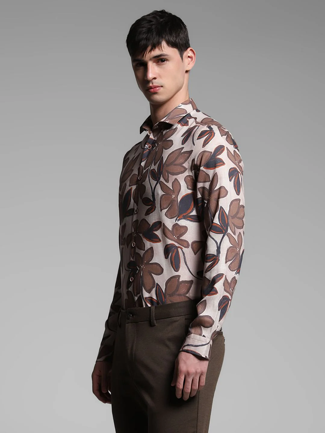Brown Floral Lyocell Linen Shirt - Image 3