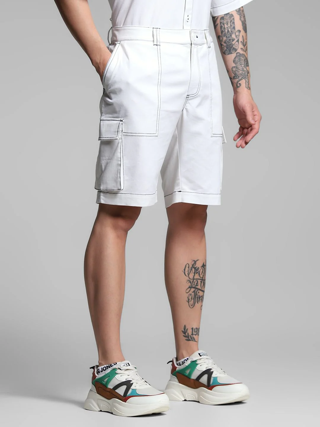 White Contrast Stitch Co-ord Set Shorts - Image 2