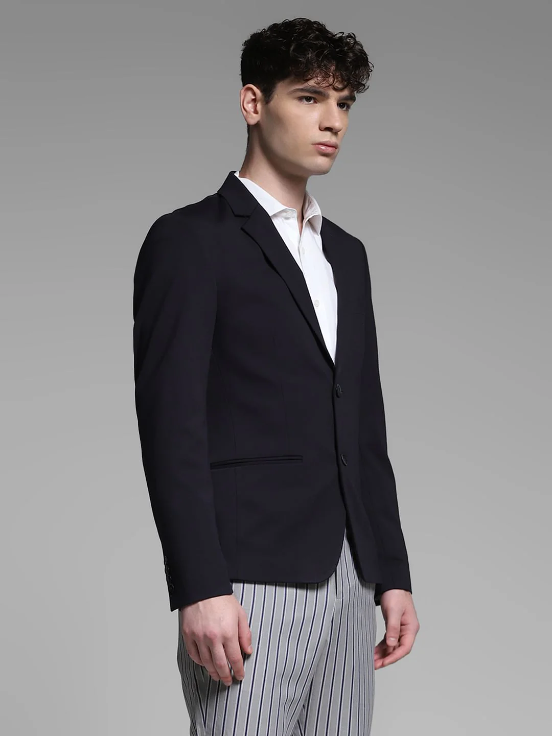 Navy Blue Stretch Formal Blazer - Image 3