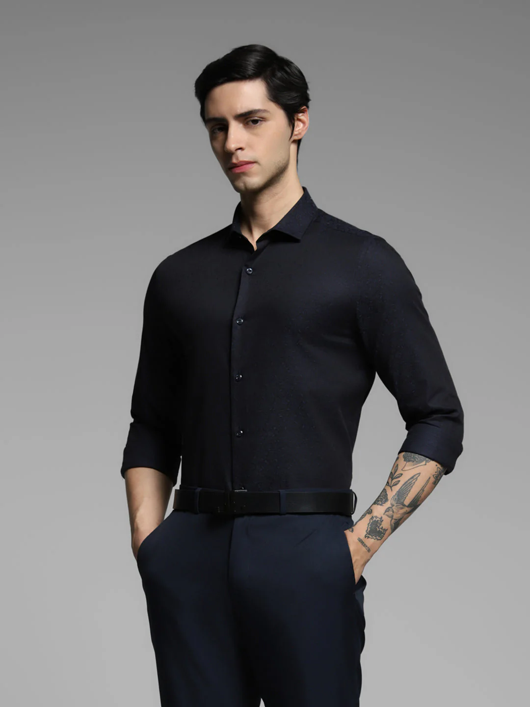 Men's Navy Blue Cotton Dobby Slim Fit Shirt
