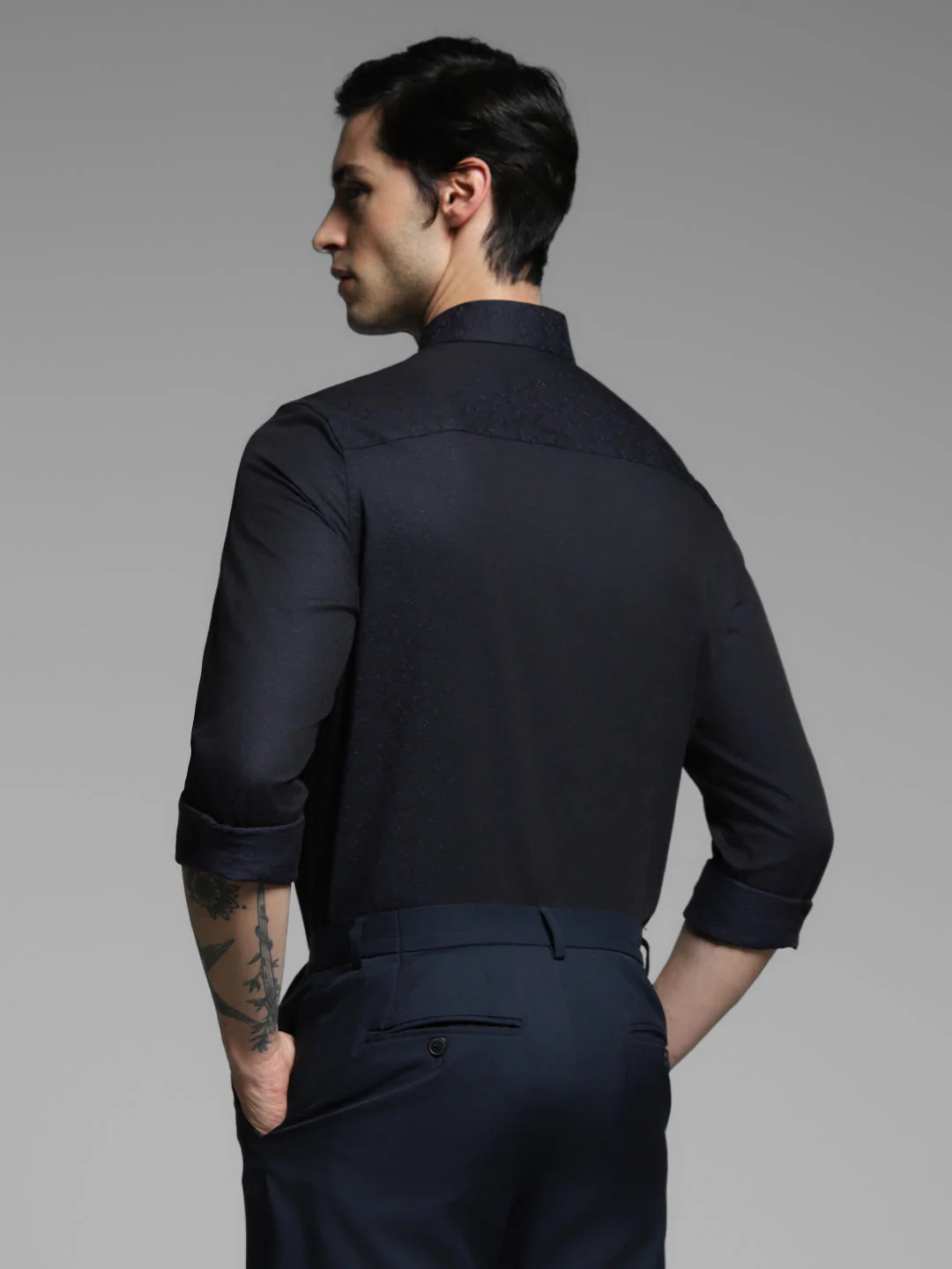 Men's Navy Blue Cotton Dobby Slim Fit Shirt - Image 4