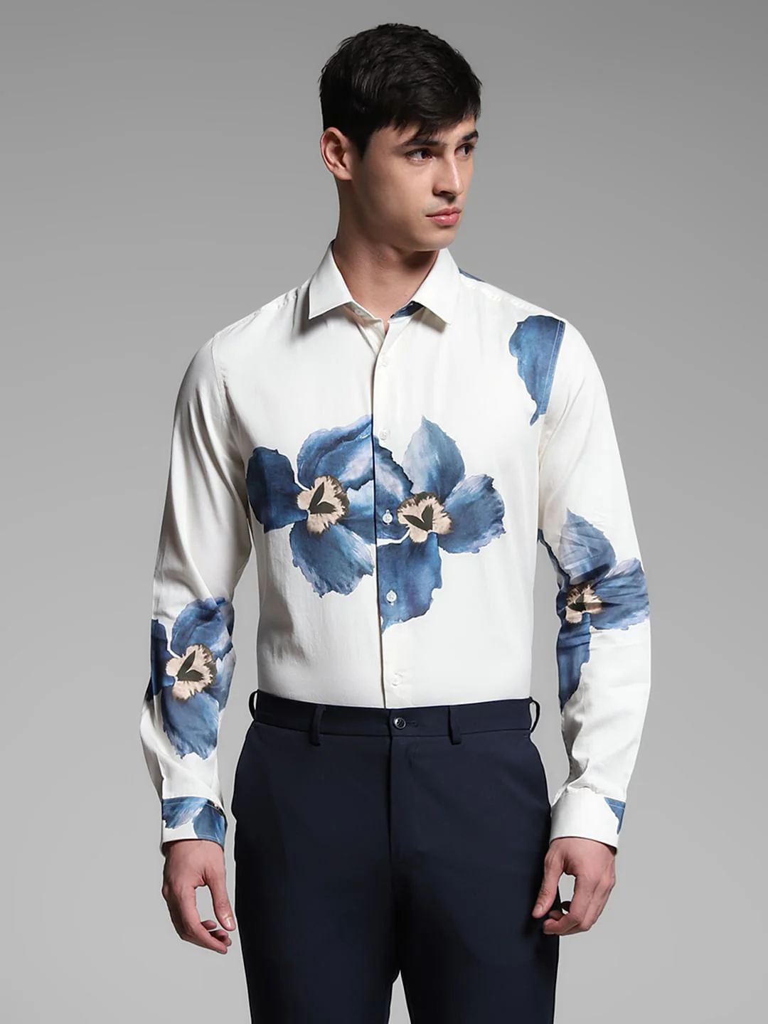 Blue Floral Cotton Full Sleeves Shirt - Image 2