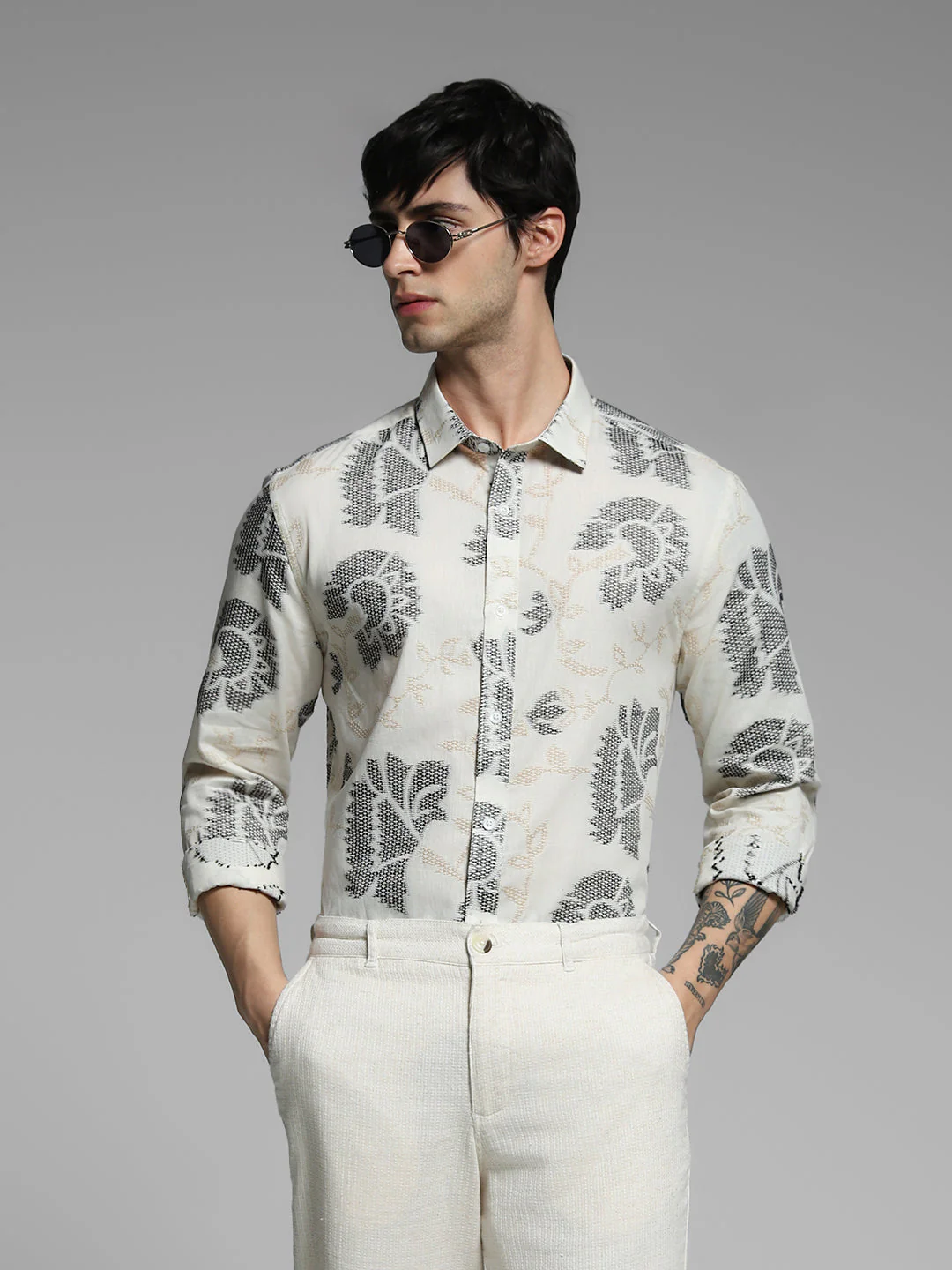 Men Off White Cotton Jacquard Geometric Slim Fit Shirt