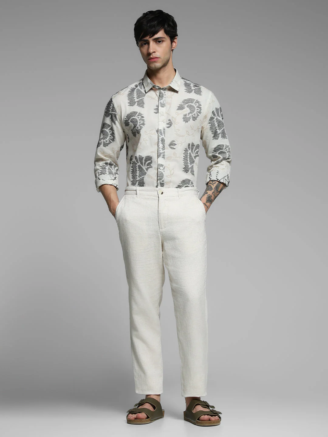 Men Off White Cotton Jacquard Geometric Slim Fit Shirt - Image 6