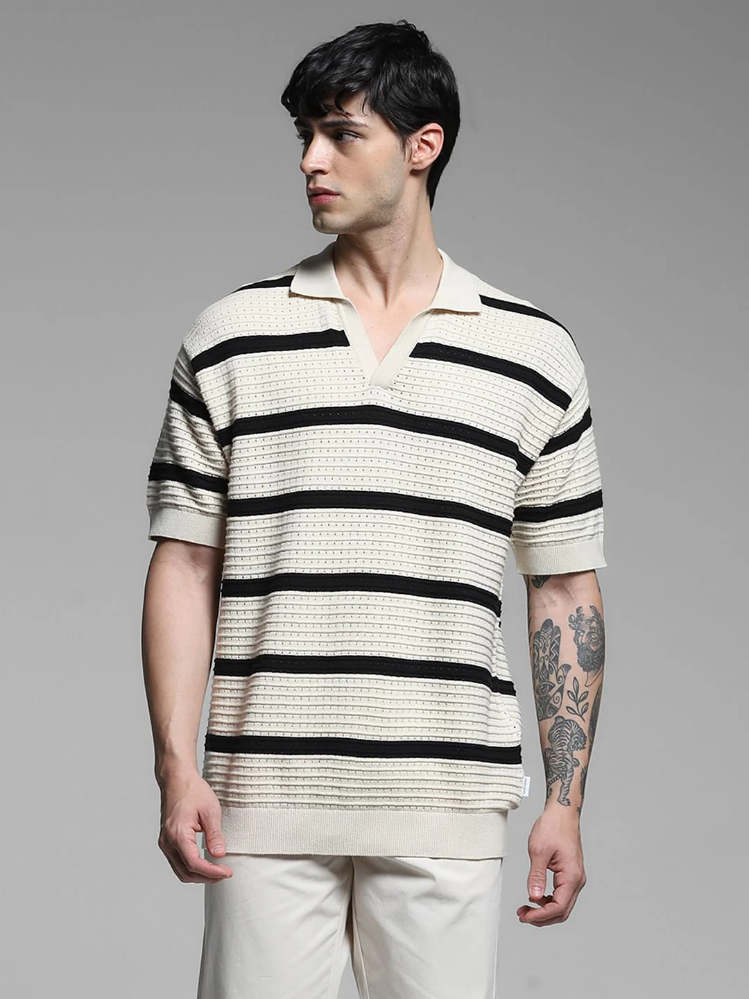 White Colourblocked Knit Polo - Image 2