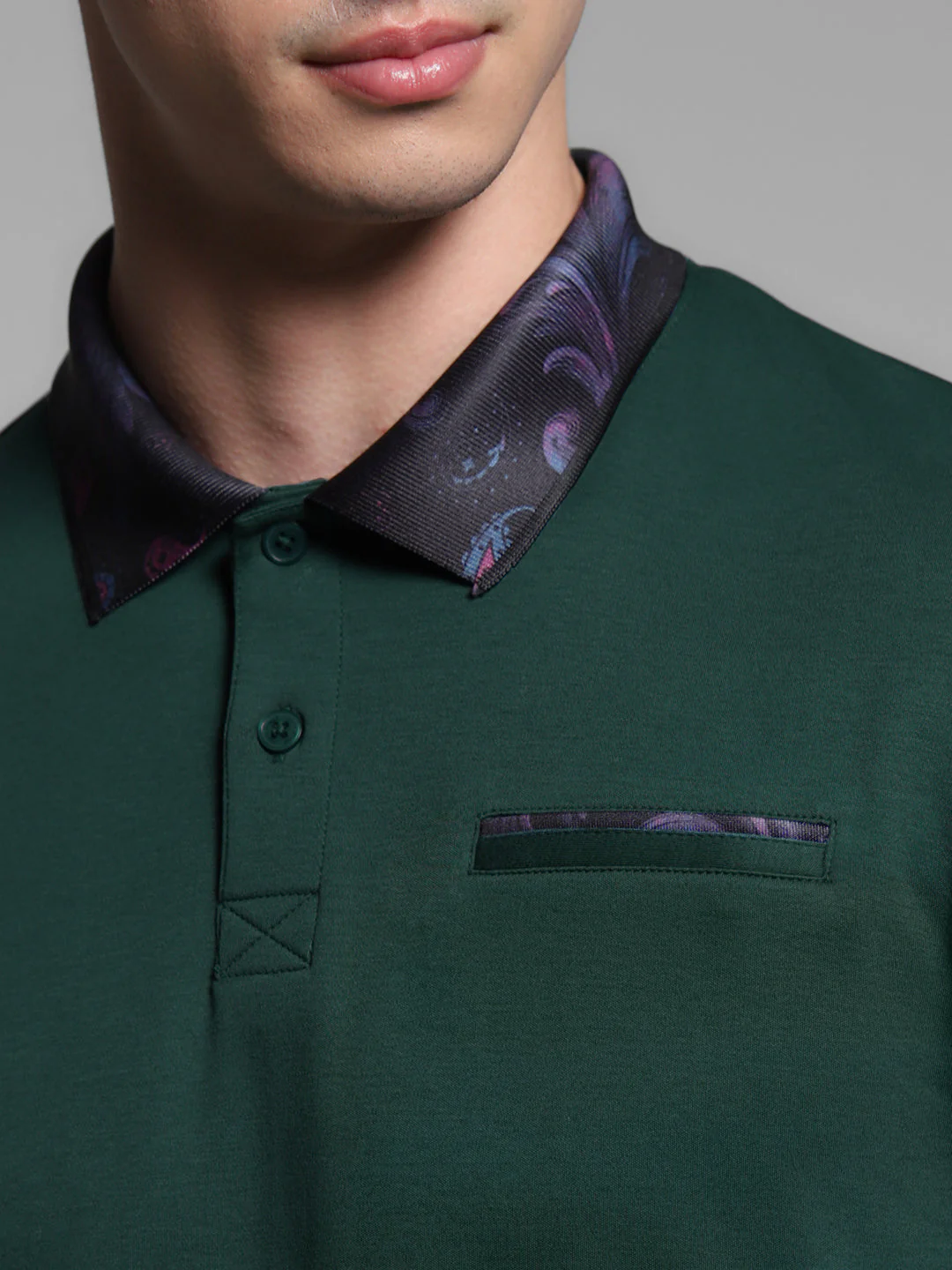 Men's Cotton Polo T-Shirt In Green With Contrast Collar, Regular Fit - Image 5