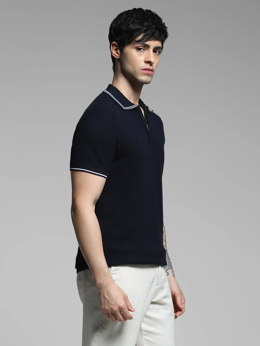 Navy Blue Cotton Jacquard Polo - Image 3
