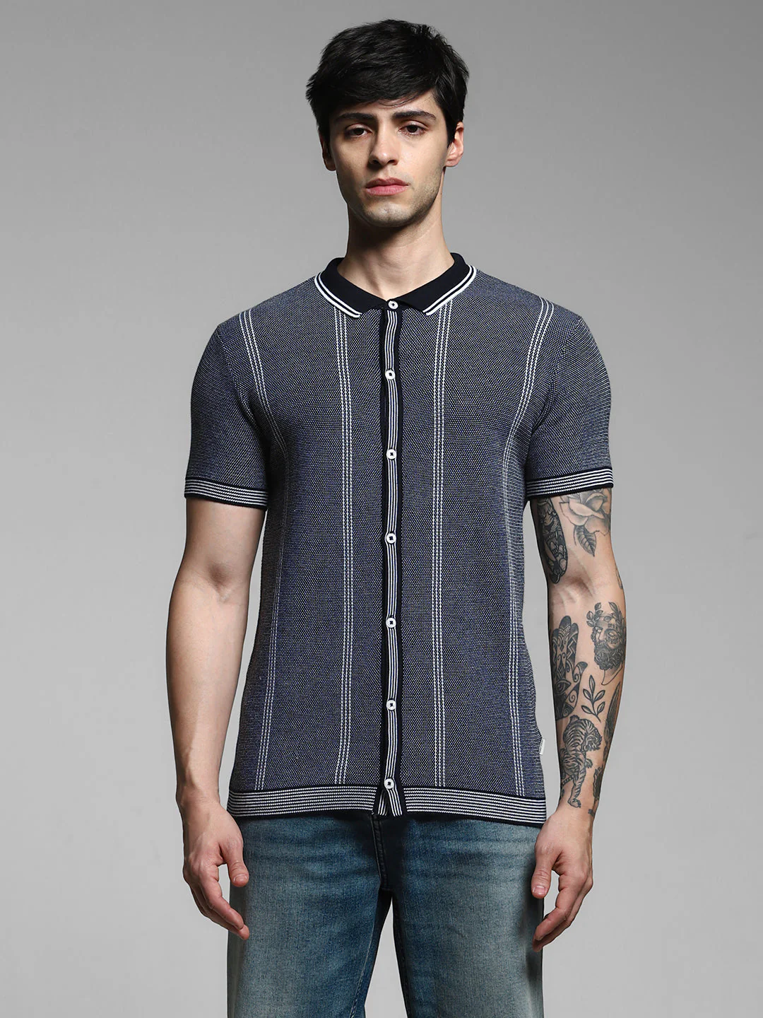 Navy Front Open Knit Polo - Image 8