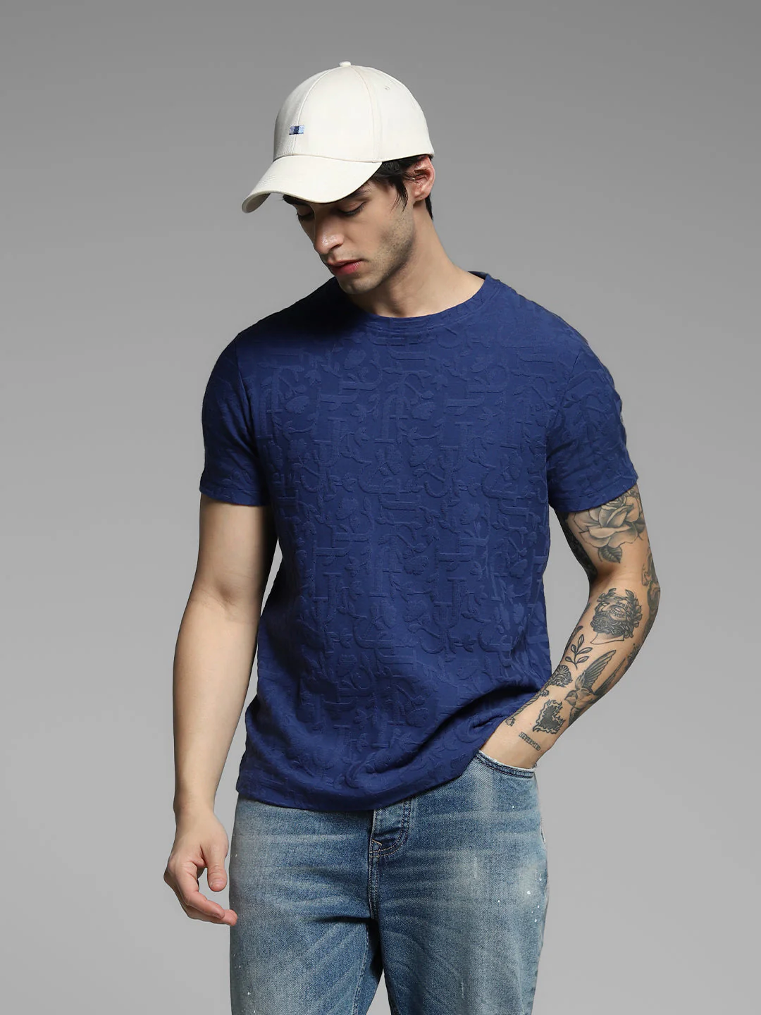 Men's Navy Blue Jacquard Crew Neck Regular Fit T-Shirt
