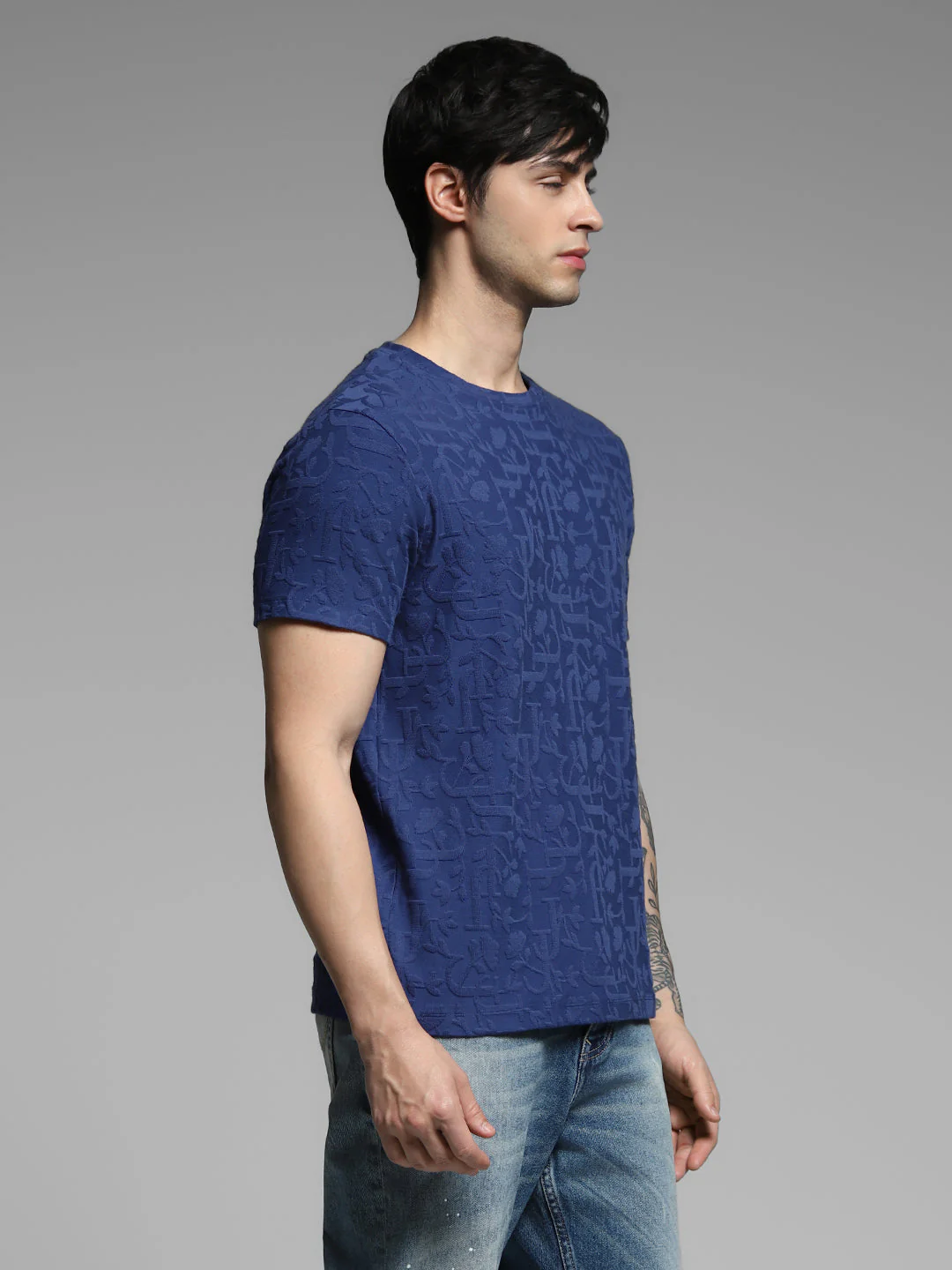 Men's Navy Blue Jacquard Crew Neck Regular Fit T-Shirt - Image 3