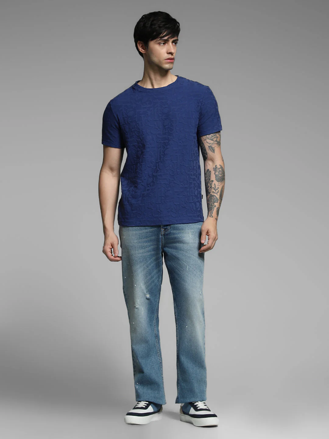 Men's Navy Blue Jacquard Crew Neck Regular Fit T-Shirt - Image 6
