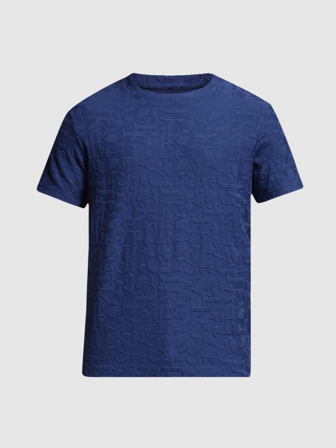 Men's Navy Blue Jacquard Crew Neck Regular Fit T-Shirt - Image 7