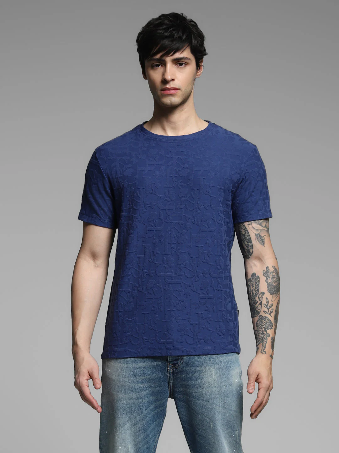 Men's Navy Blue Jacquard Crew Neck Regular Fit T-Shirt - Image 8