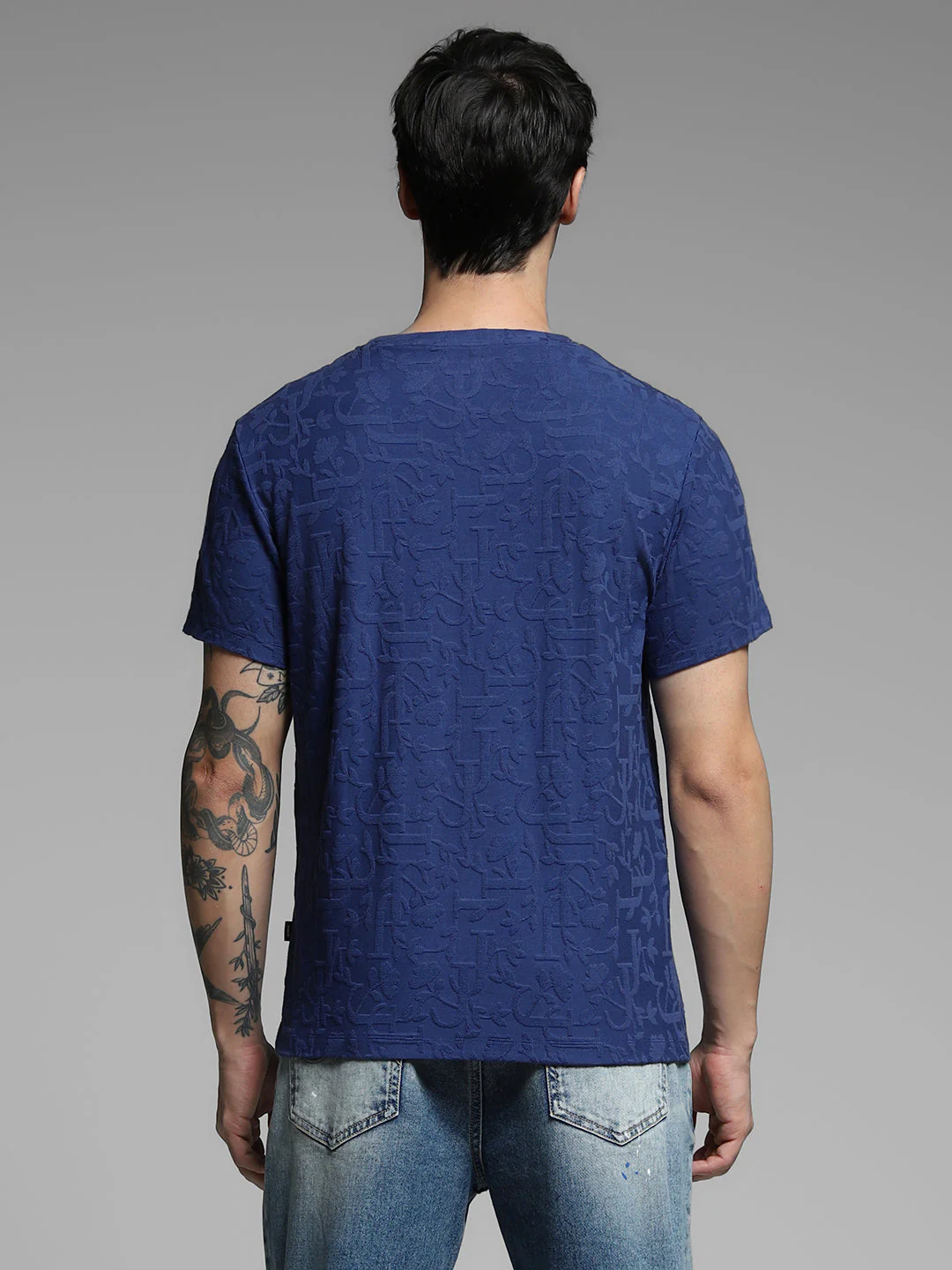 Men's Navy Blue Jacquard Crew Neck Regular Fit T-Shirt - Image 9