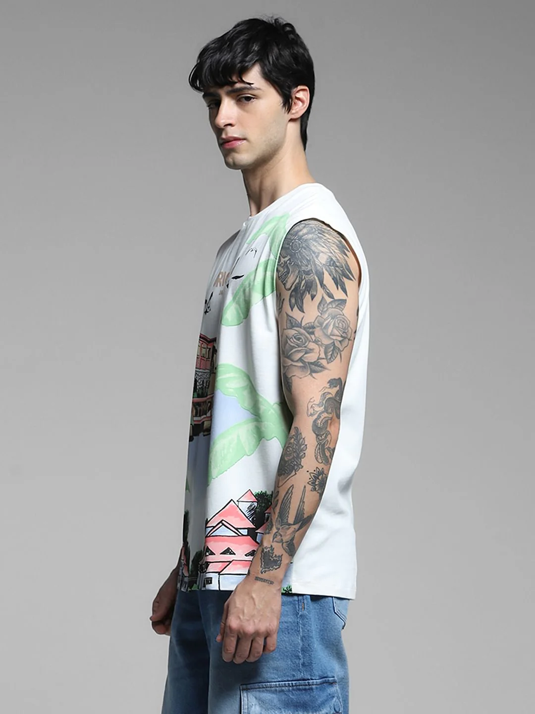 White Graphic Print Cotton Vest - Image 3