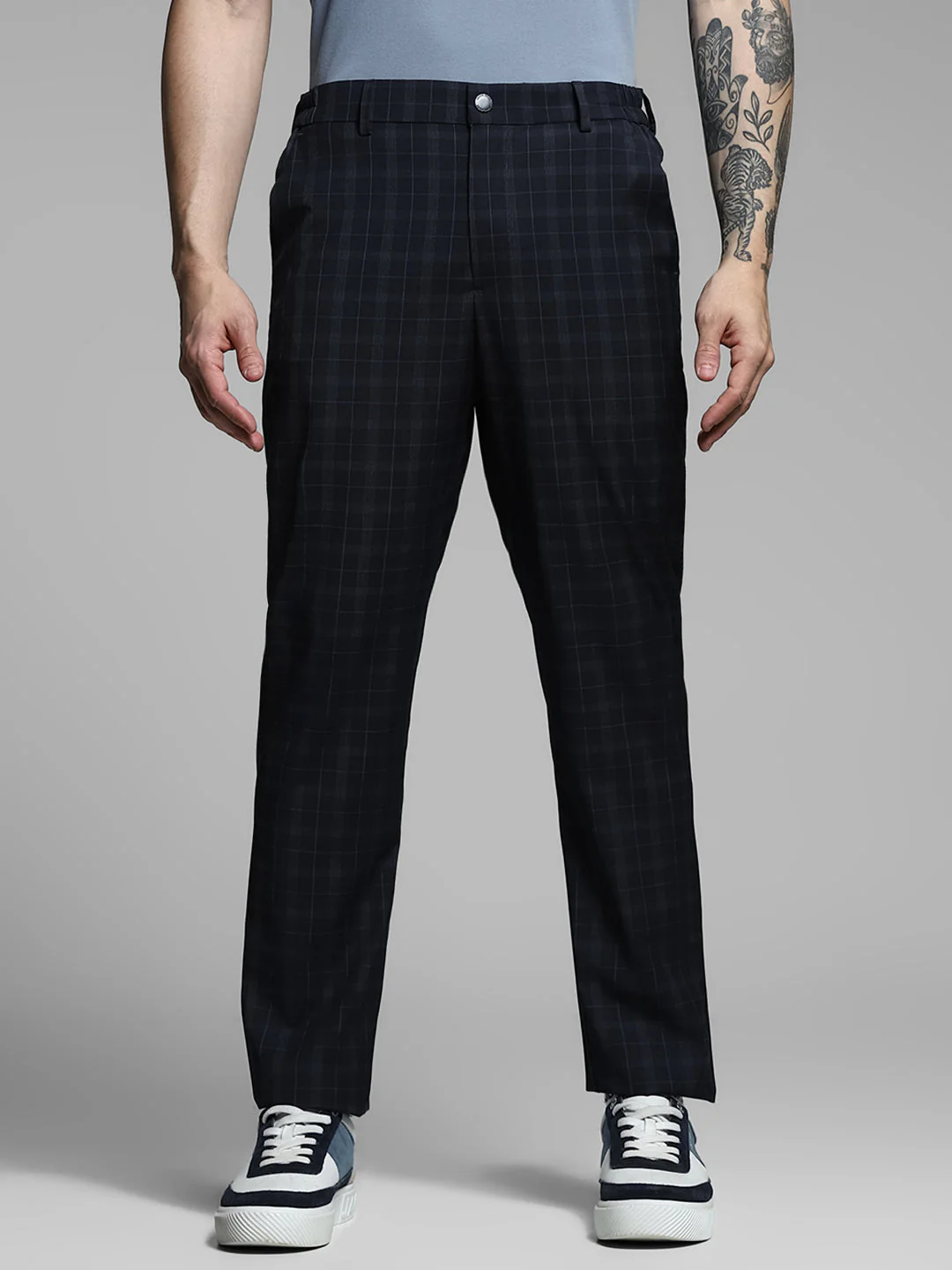 Navy Blue Check Print Pants - Image 8