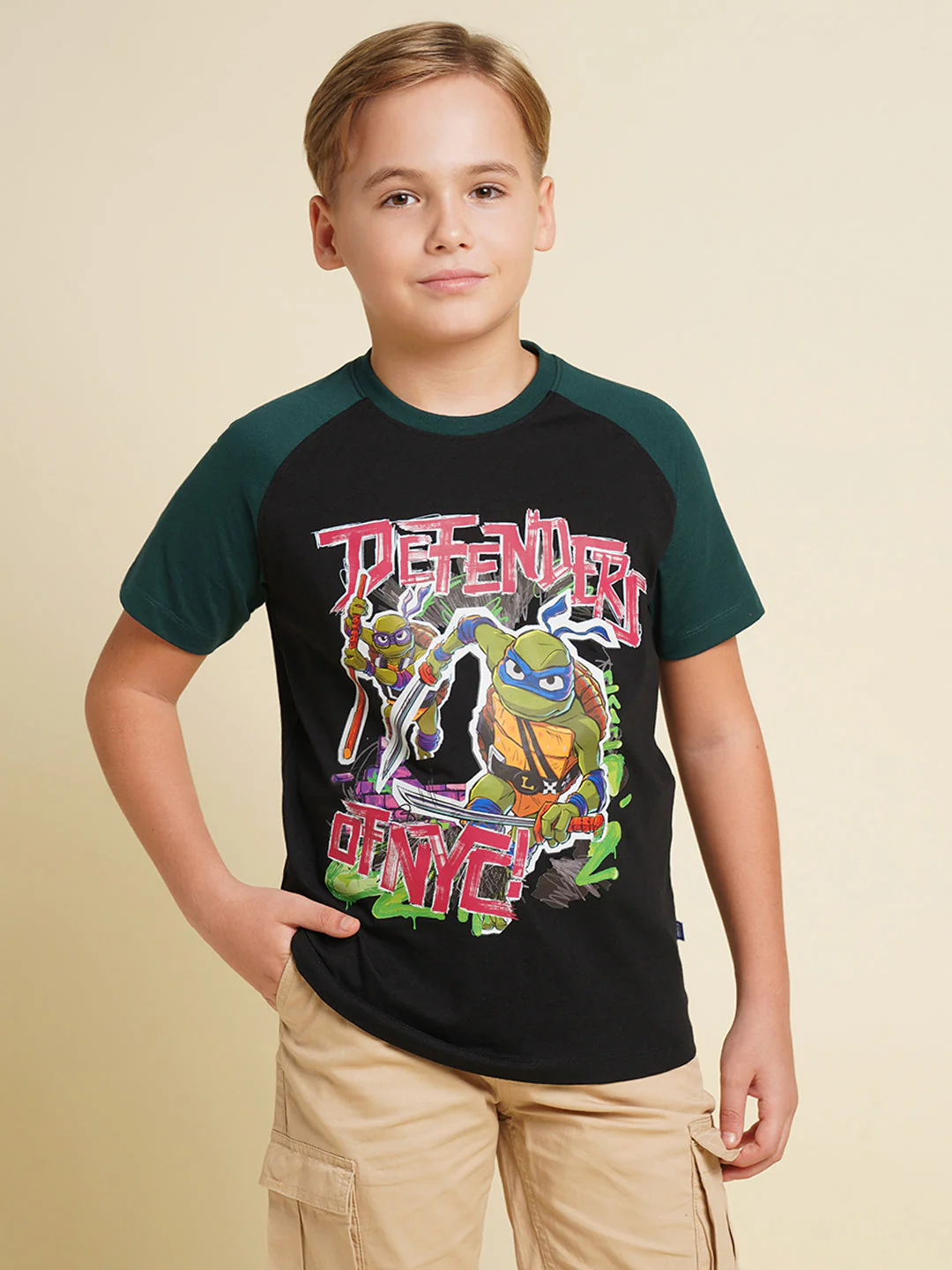 Boys Cotton Jet Black Graphic Chest Print Raglan T-Shirt - Image 2