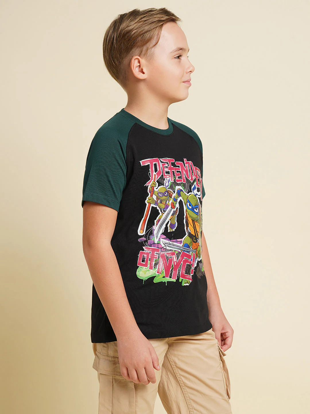 Boys Cotton Jet Black Graphic Chest Print Raglan T-Shirt - Image 3