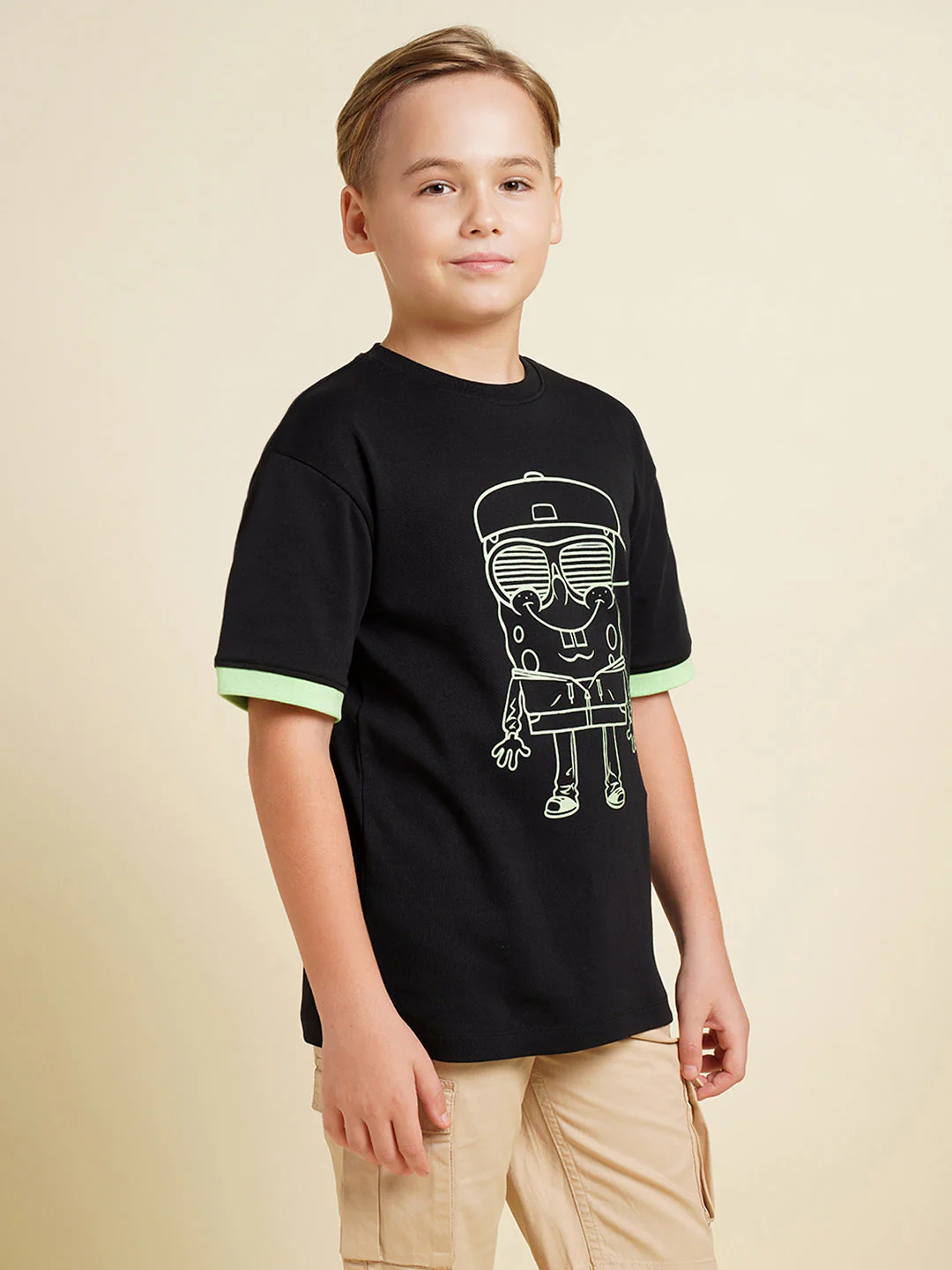 Boys Cotton Graphic Print T-Shirt In Jet Black With Contrast Cuffs - Image 3