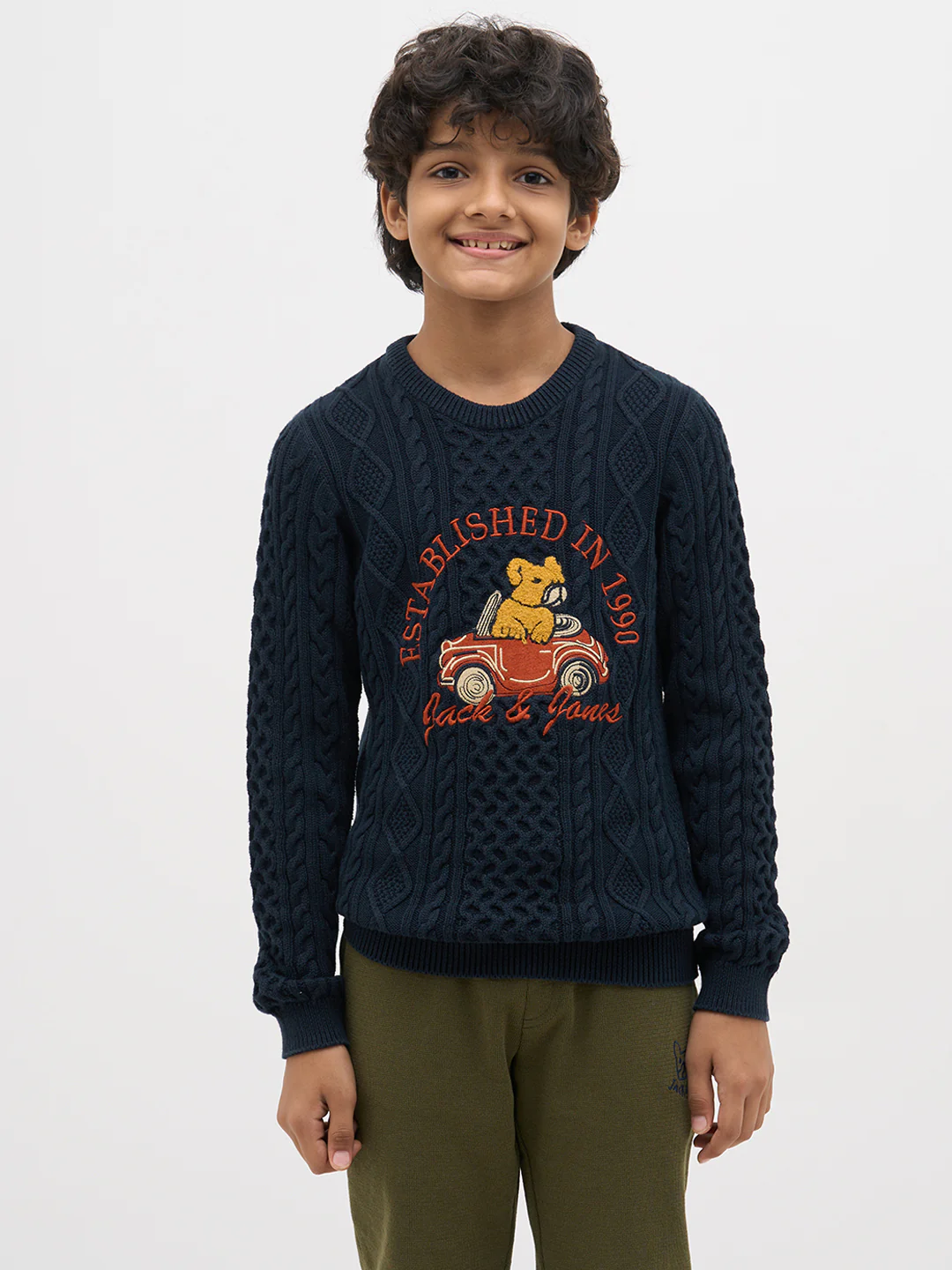 Boys Navy Blue Cotton Cable Knit Embroidered Sweater - Image 2