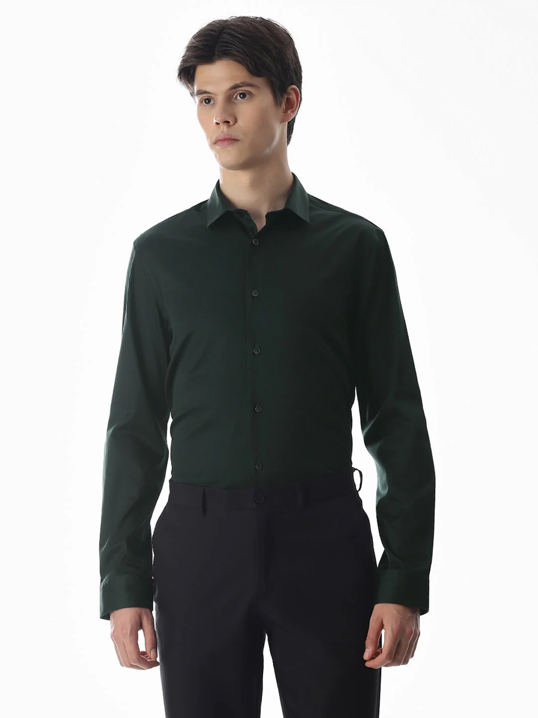 Stretch Slim Fit Full Sleeves Shirt - Green - Image 2