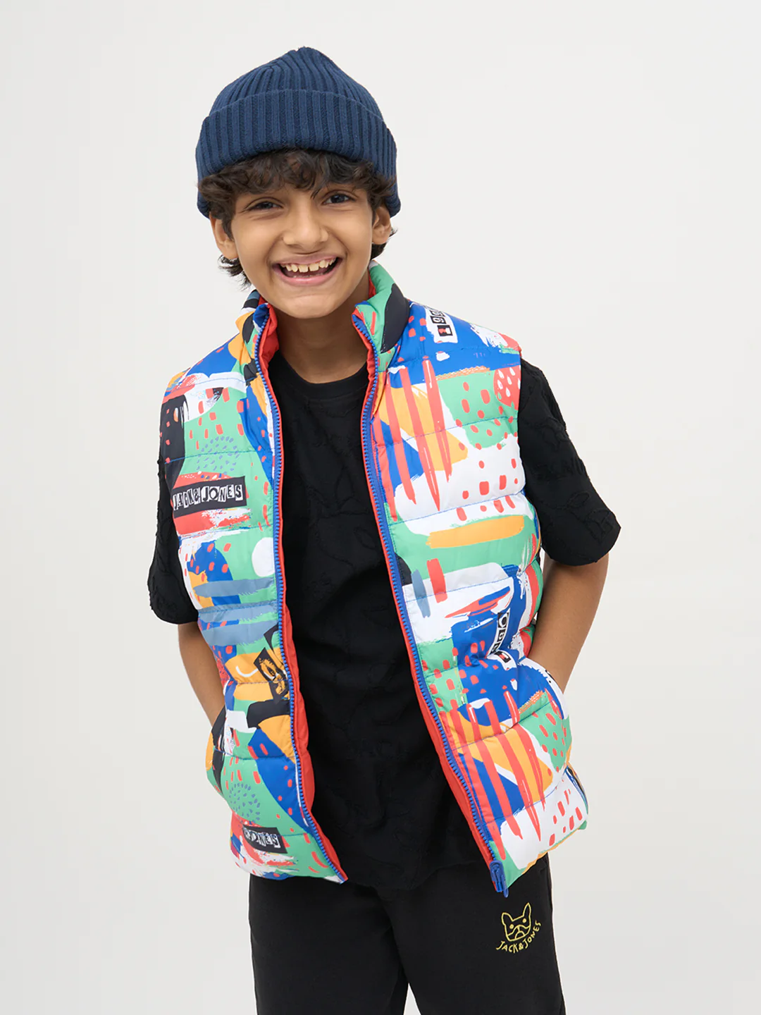 Boys Reversible Abstract Print Puffer Jacket With High Neck