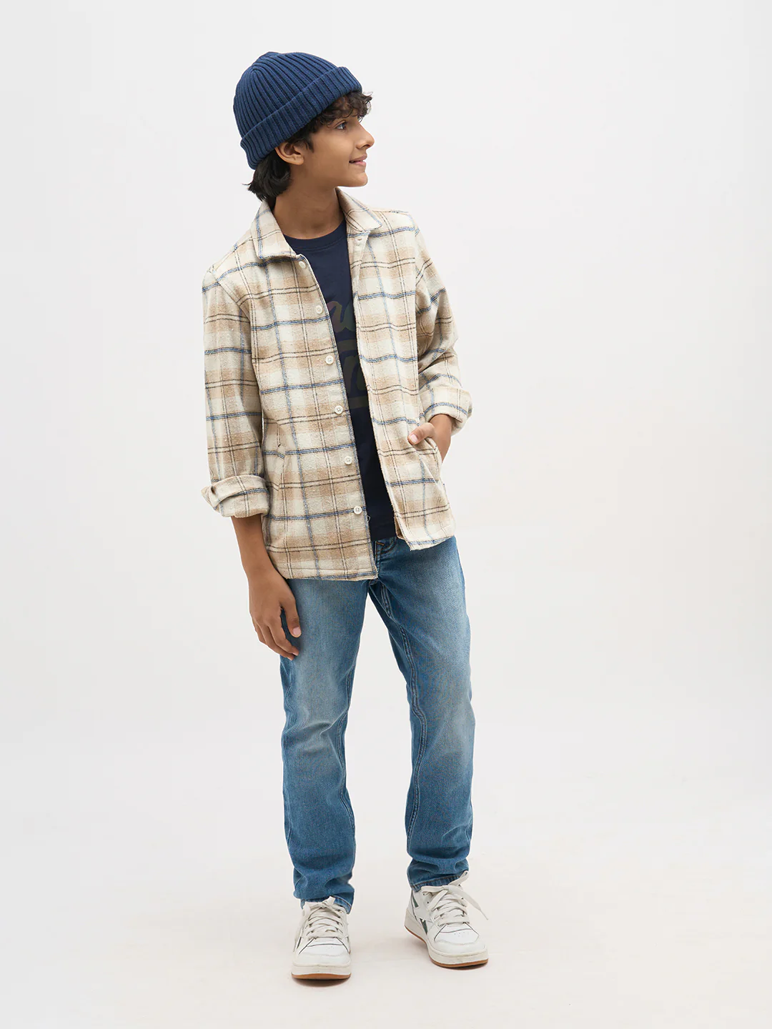 Boys Cotton Checked Shacket Shirt In Beige With Long Sleeves