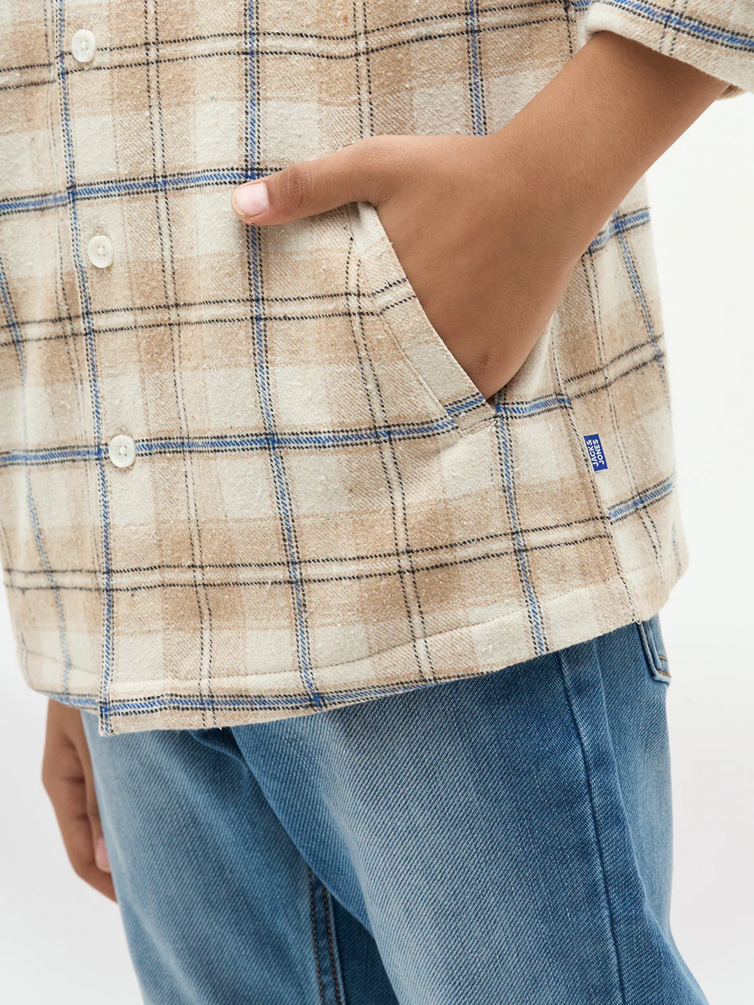 Boys Cotton Checked Shacket Shirt In Beige With Long Sleeves - Image 6