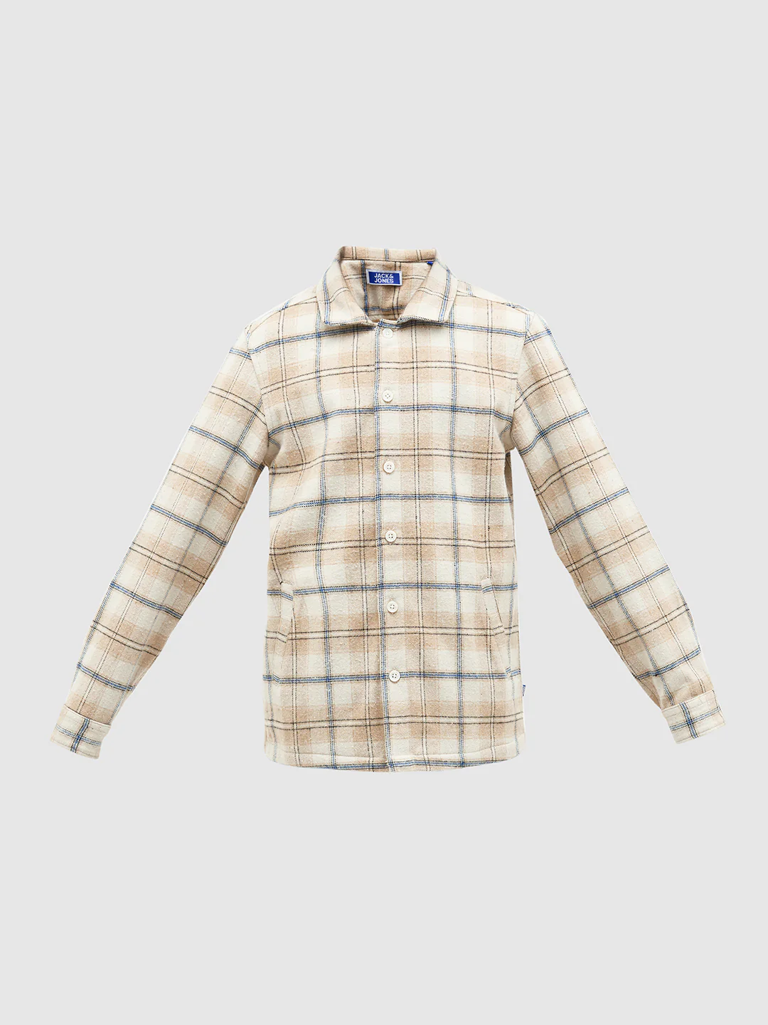 Boys Cotton Checked Shacket Shirt In Beige With Long Sleeves - Image 7