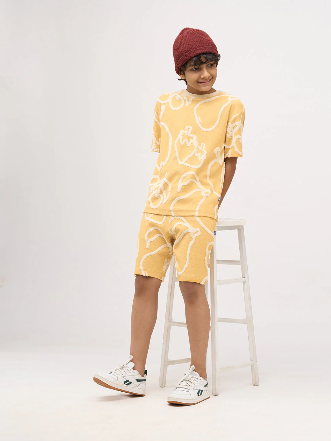 Boys Cotton Oversized Jacquard AOP Crew Neck T-Shirt - Mustard