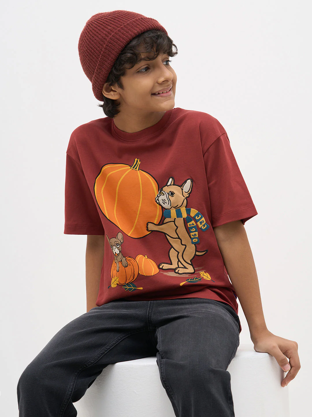 Rust Red Embroidered Print T-Shirt