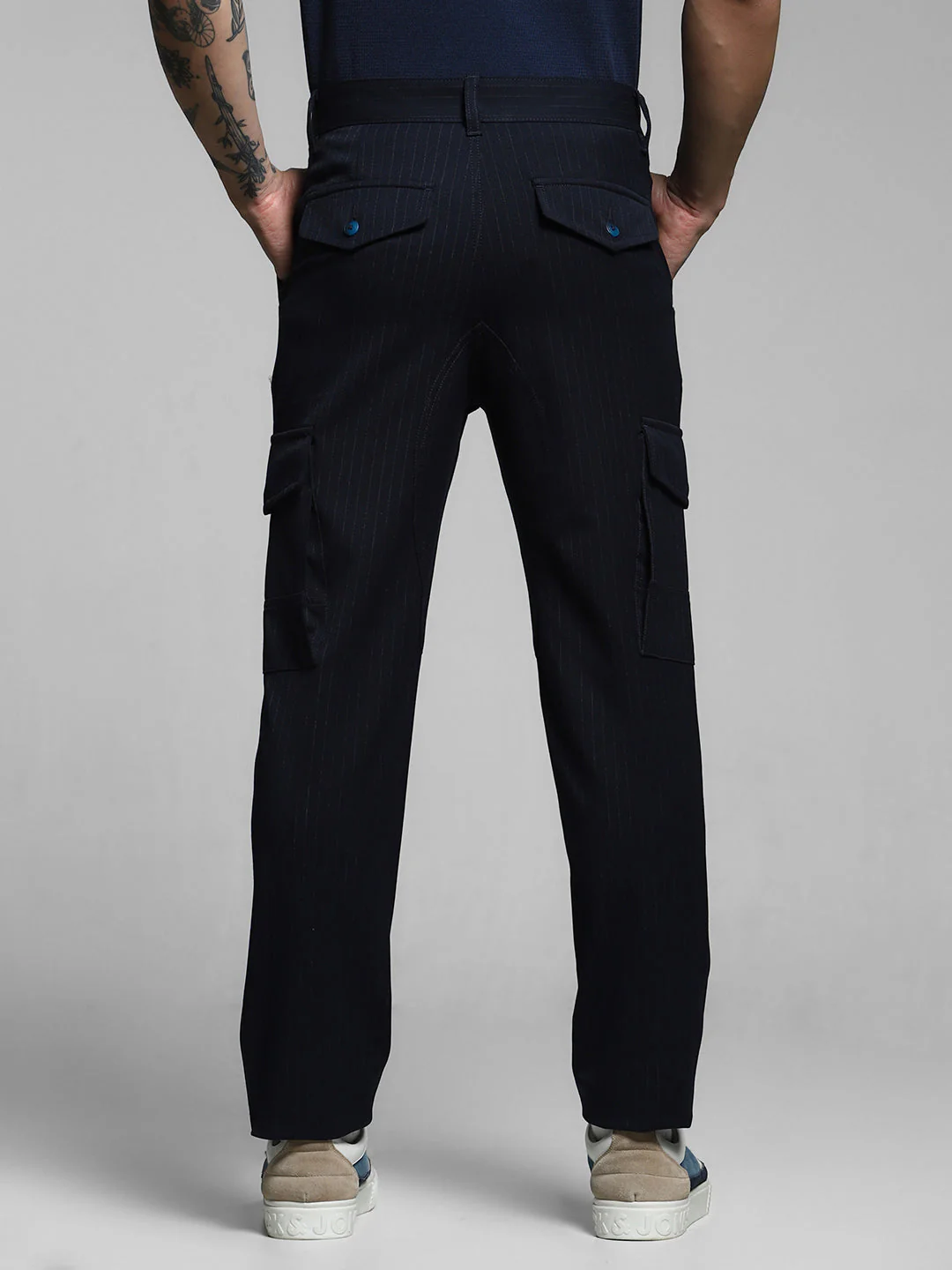 Men's Navy Blue Pinstripe Anti Fit Cargo Pants With 6 Pockets - Image 3