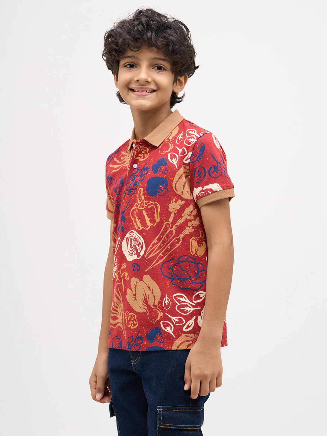 Boys Red Veggies Print Polo - Image 3