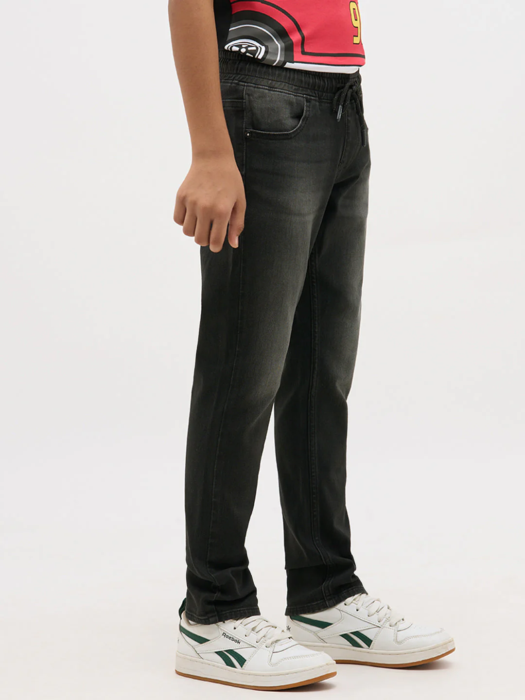 Black Washed Drawstring Regular Fit Jeans - Image 3