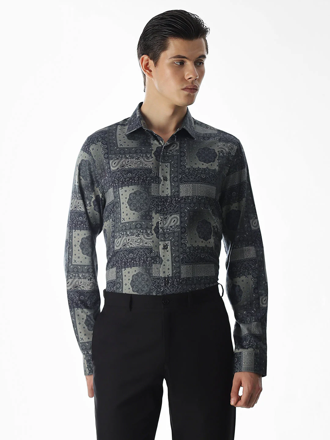 Printed Olive Green Slim Fit Shirt - Image 2
