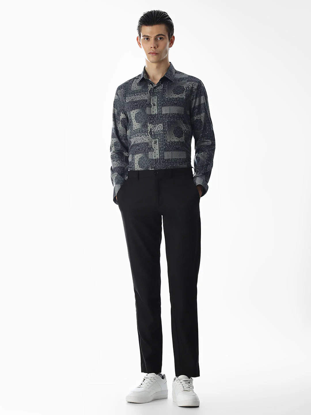 Printed Olive Green Slim Fit Shirt - Image 6