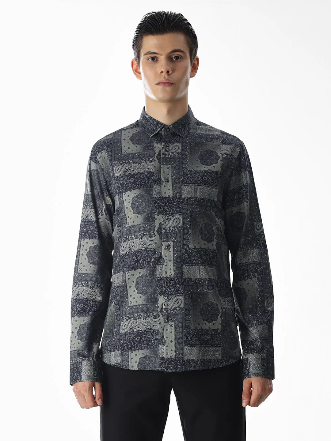 Printed Olive Green Slim Fit Shirt - Image 8