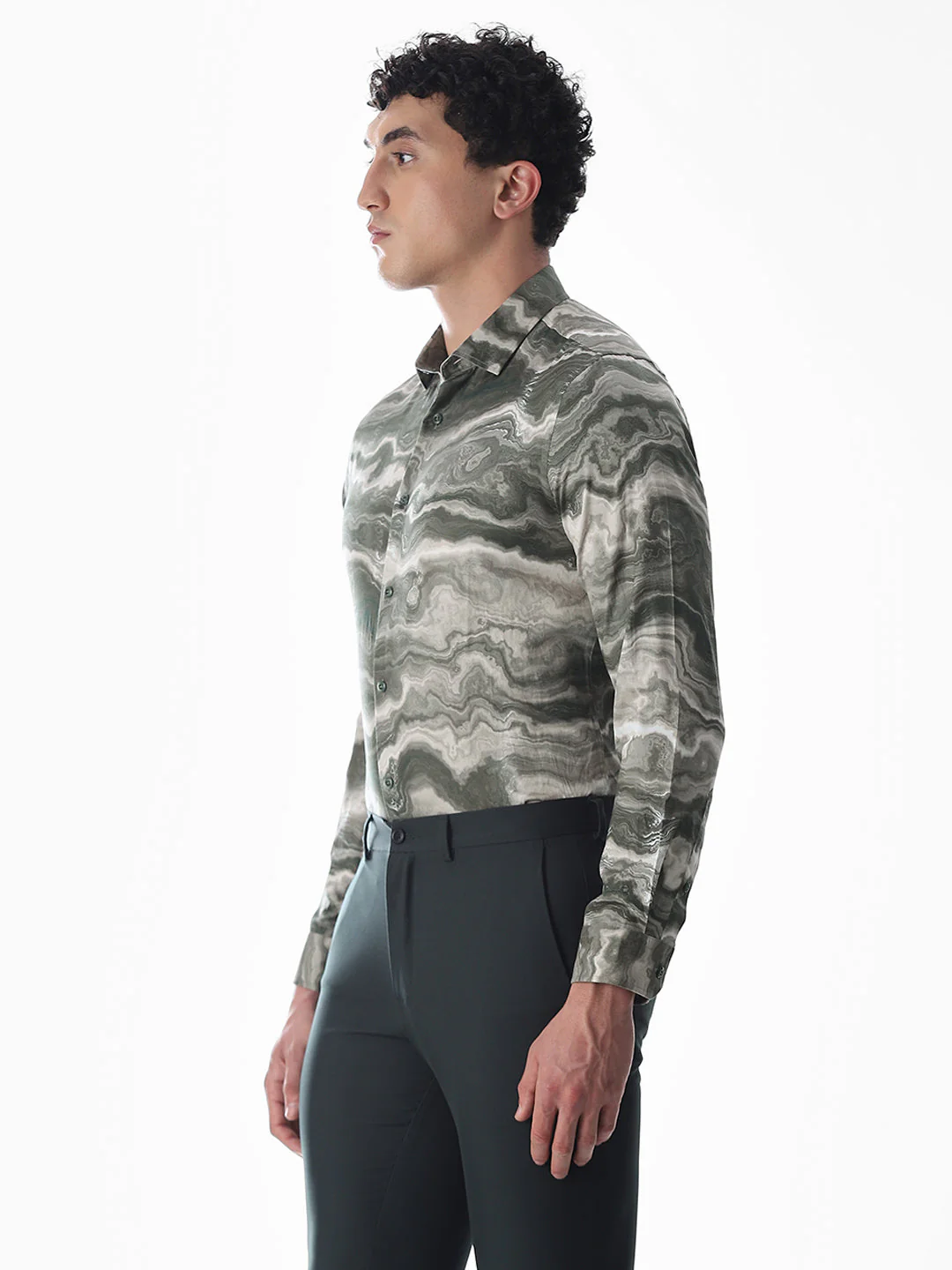 Abstract Print Dark Green Slim Fit Shirt - Image 3