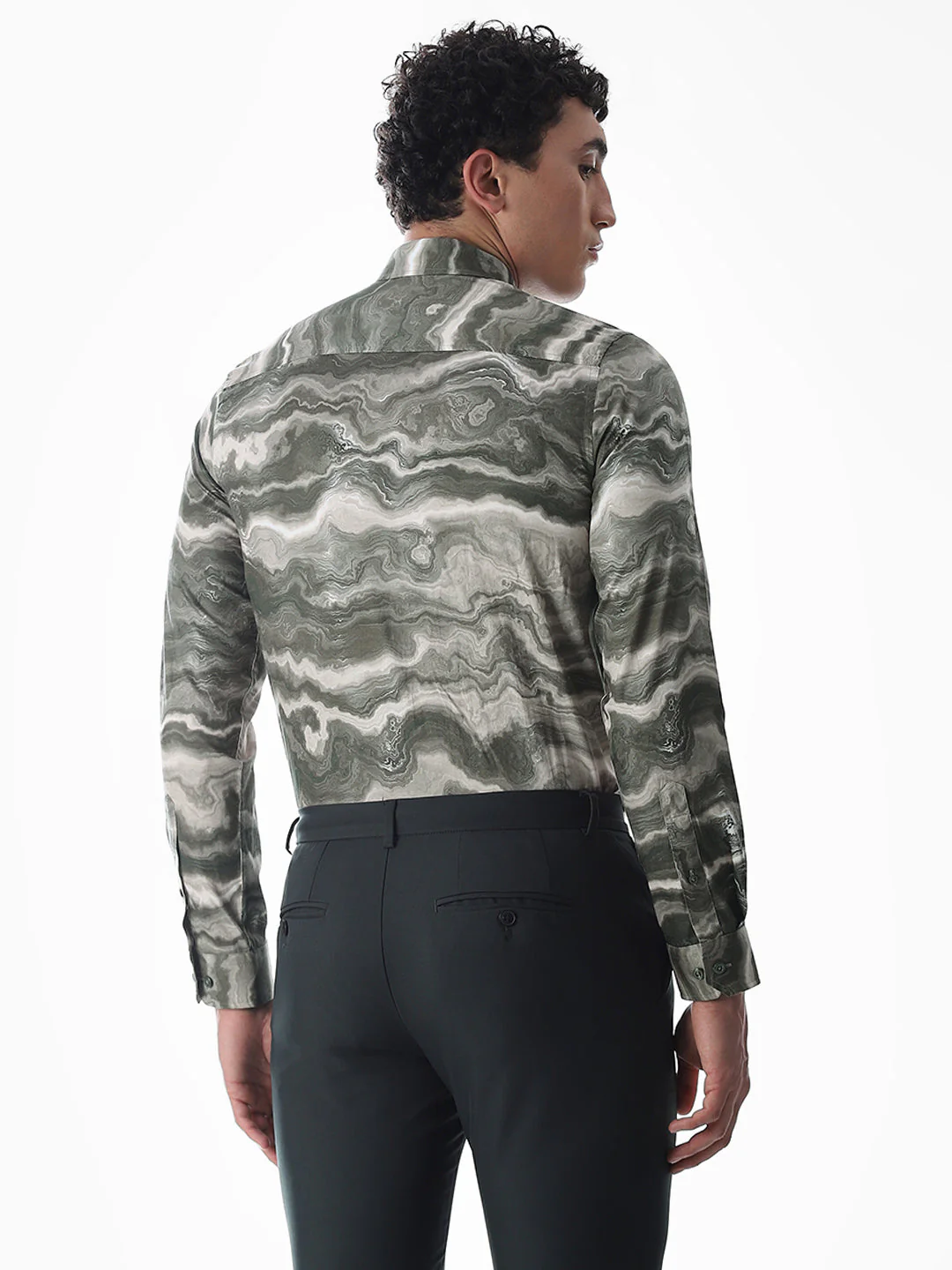 Abstract Print Dark Green Slim Fit Shirt - Image 4