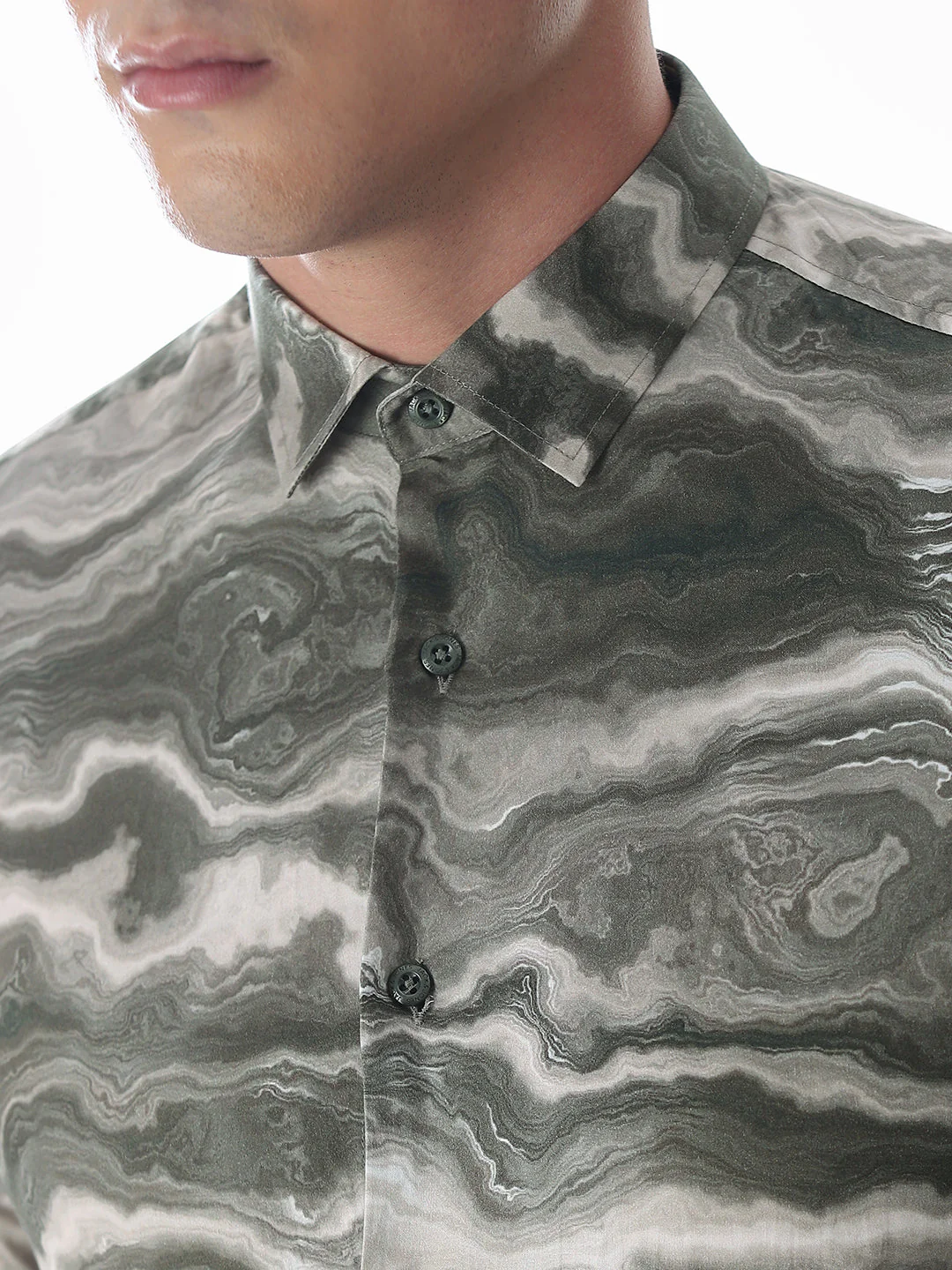 Abstract Print Dark Green Slim Fit Shirt - Image 5