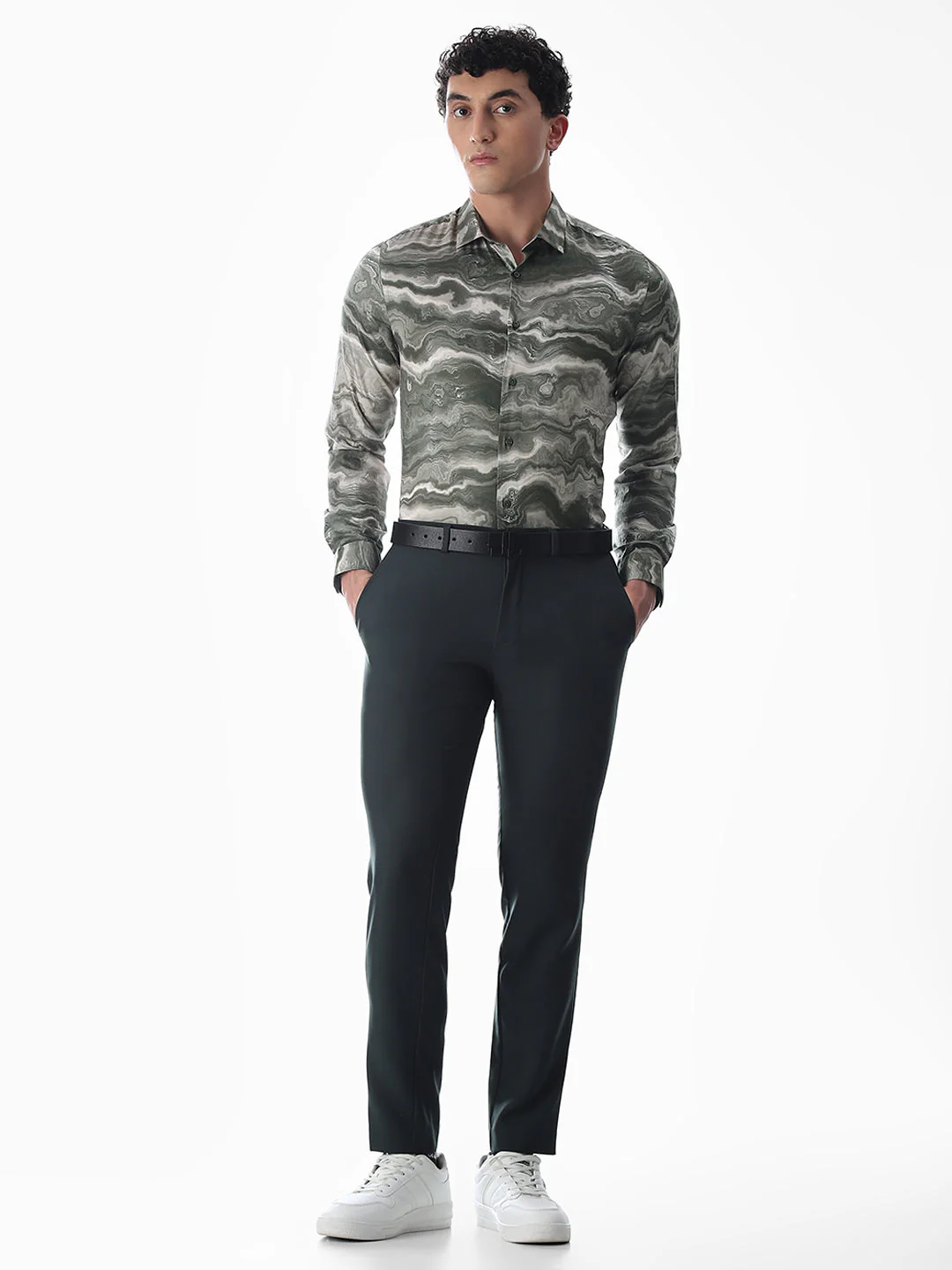 Abstract Print Dark Green Slim Fit Shirt - Image 6