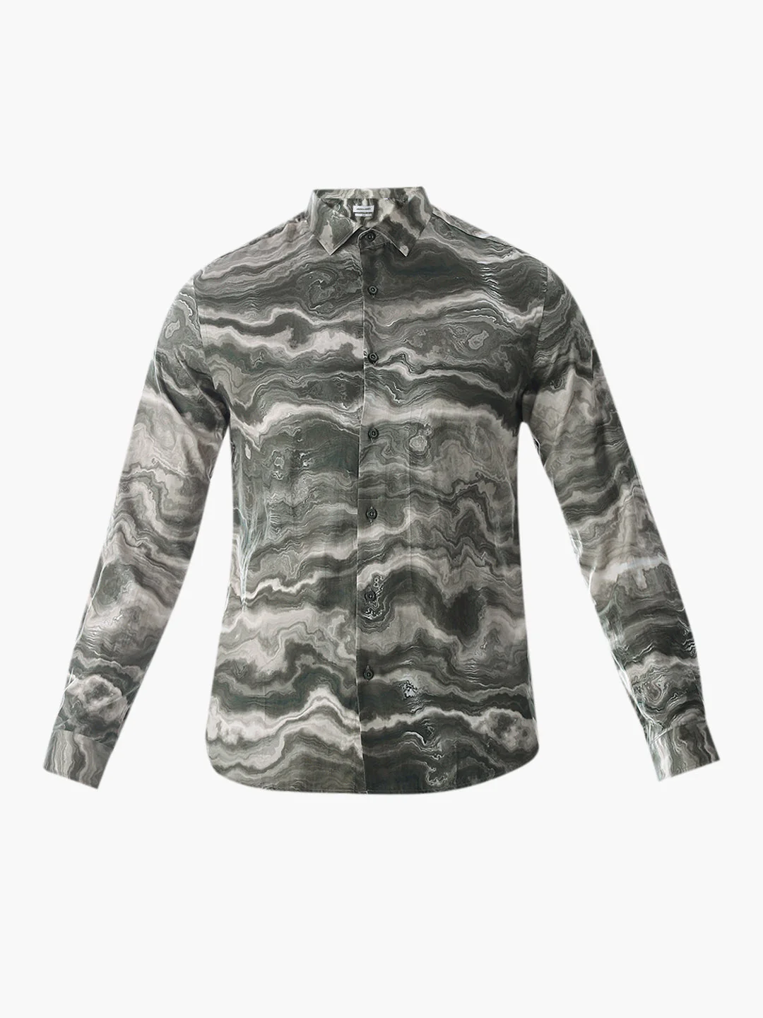 Abstract Print Dark Green Slim Fit Shirt - Image 7