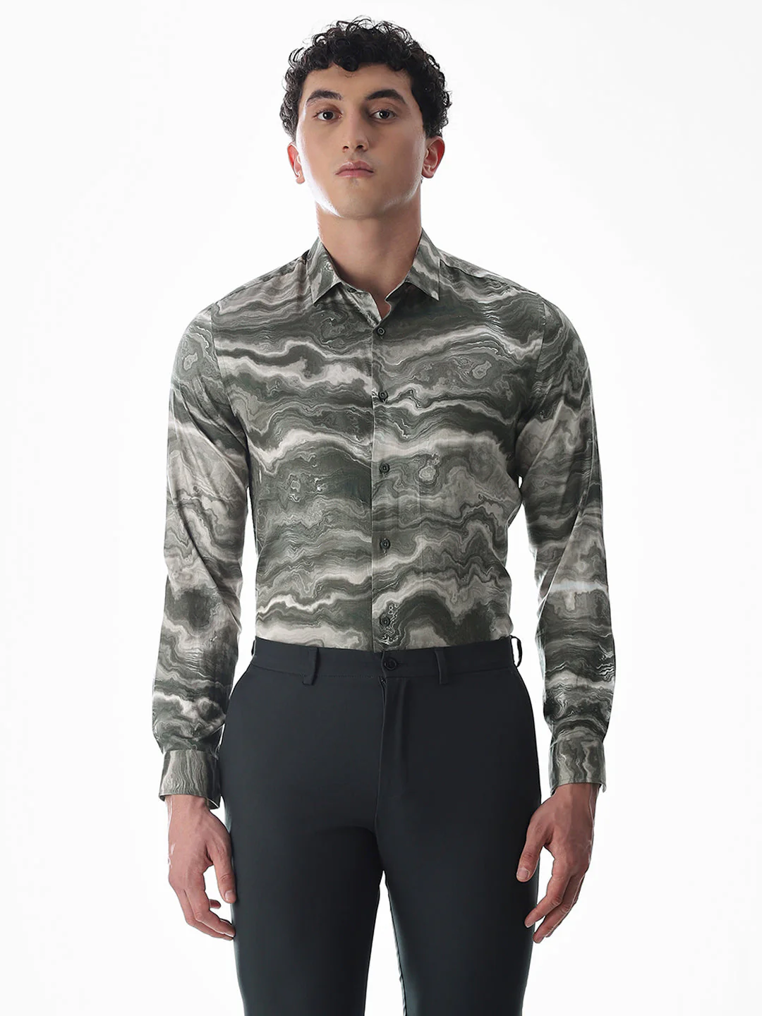Abstract Print Dark Green Slim Fit Shirt - Image 8