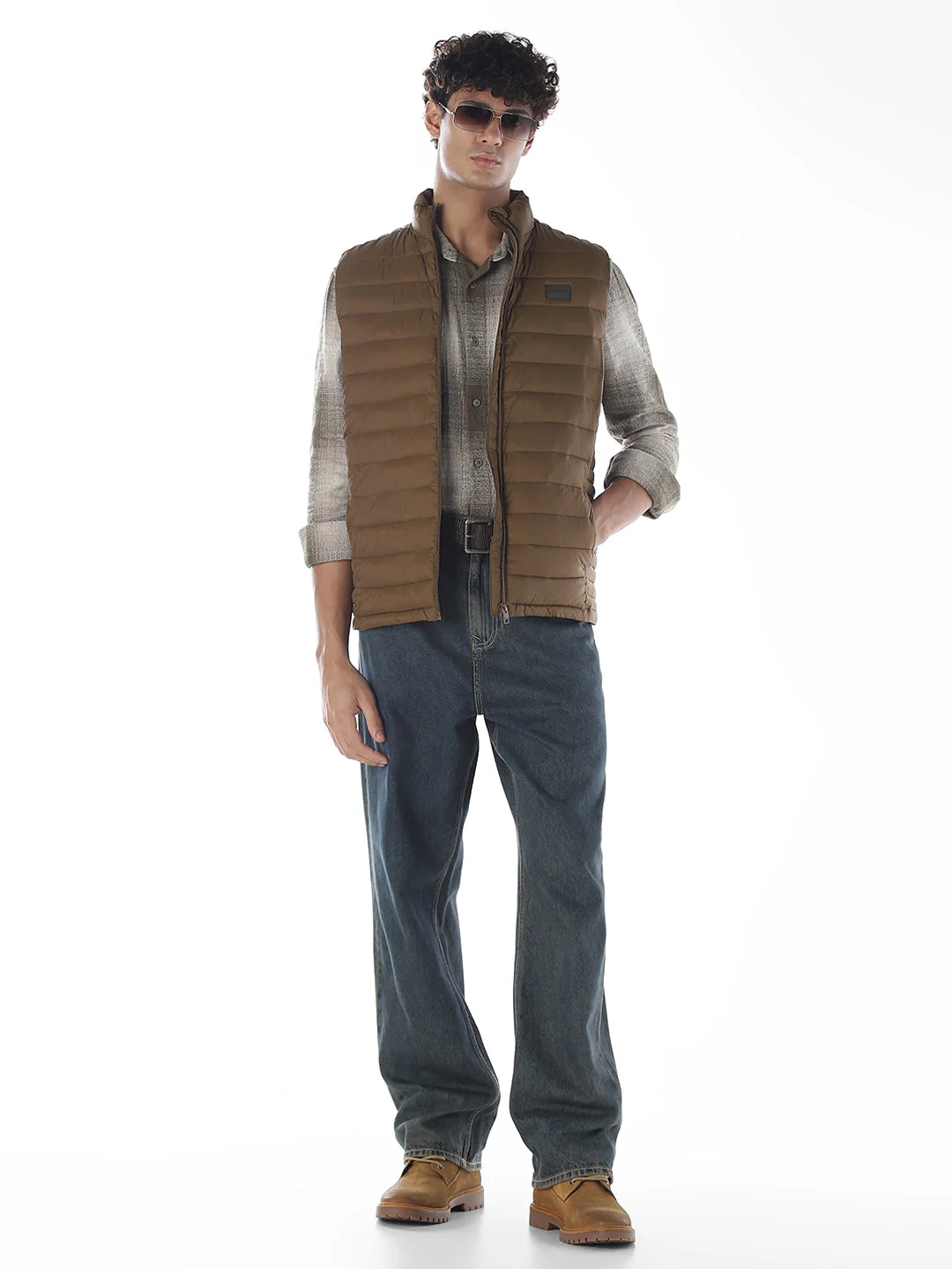 Sleeveless High Neck Puffer Vest - Brown - Image 6