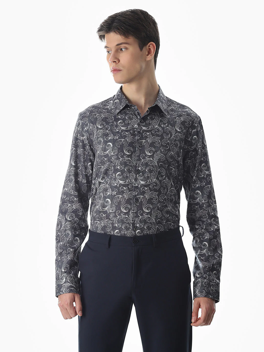Abstract Print Slim Fit Shirt - Navy Blue - Image 2