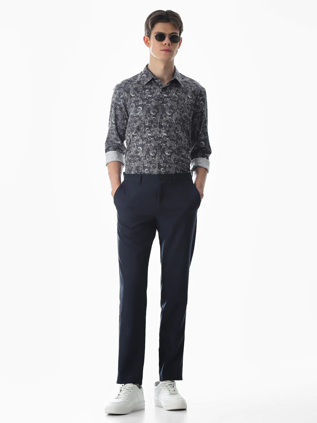 Abstract Print Slim Fit Shirt - Navy Blue - Image 6