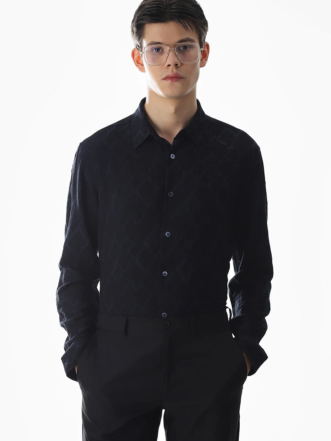 Navy Blue Jacquard Slim Fit Shirt