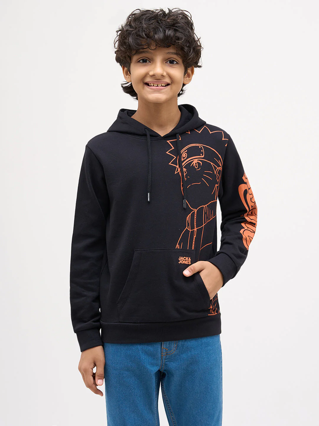 Boys Cotton Black Hooded Sweatshirt With Naruto Placement Print - Image 2